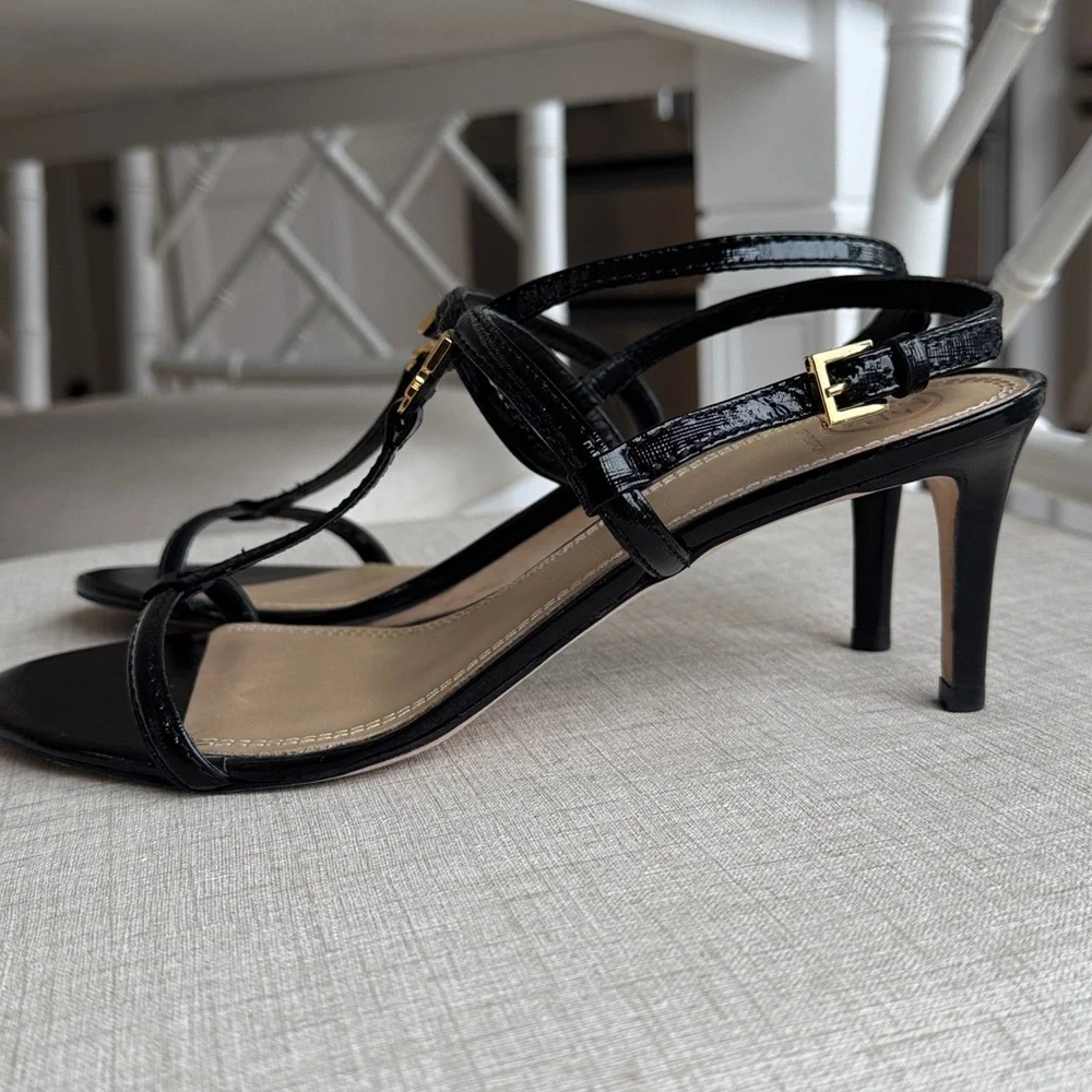 Tory Burch Black Patent Leather T-Strap Sandals with Gold Logo - Picture 4 of 12